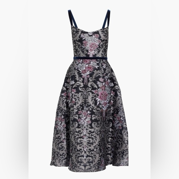 Marchesa Notte Midnight Blue Metallic Fil Coupé Organza Midi Dress - Picture 2 of 7